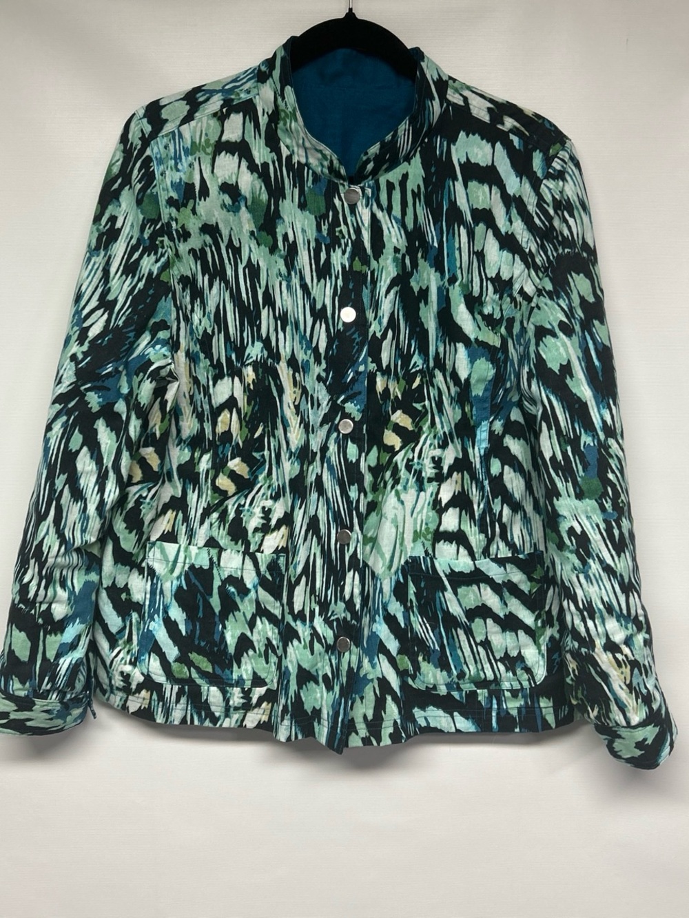 Chico's Teal and Black Abstract Print Button-Front Jacket